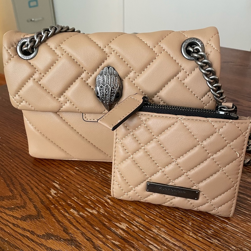 Kurt Geiger Quilted Crossbody Bag in Beige with Silver Hardware
